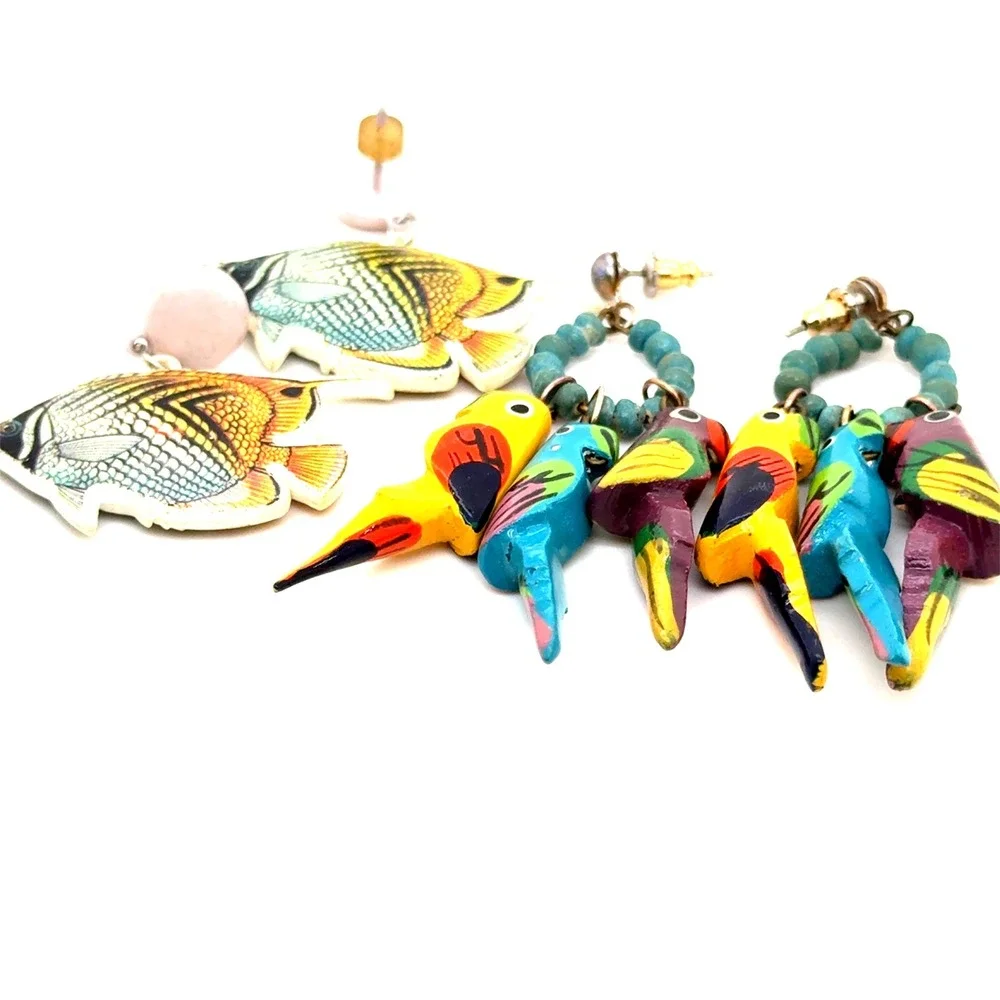 Tropical Bird Fish Earring Bundle Hand Painted Parrot Hoops Angelfish Posts